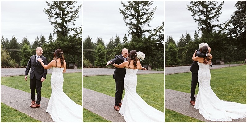 Premier Snohomish & Seattle Wedding Photographer | GSquared Weddings Photography A bride in a white dress and a groom in a dark suit share a joyful first look outdoors at their Snohomish Seattle wedding. The groom smiles, opens his arms, and they embrace on a grassy area surrounded by trees. 47.9129° N, 122.0982° W | Serving Snohomish, Seattle , Orlando & Beyond