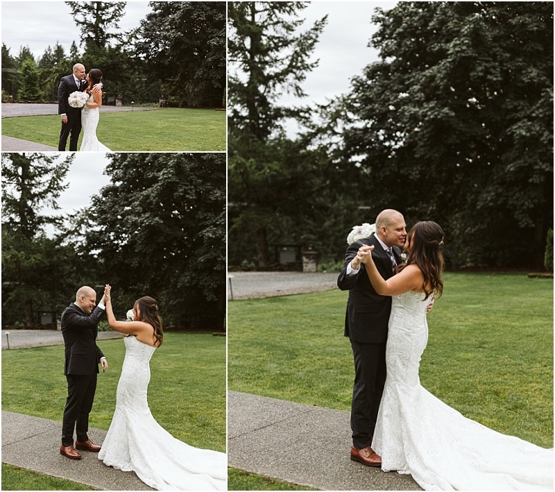 Premier Snohomish & Seattle Wedding Photographer | GSquared Weddings Photography Three photos show a bride in a white gown and groom in a black suit outdoors, sharing a joyful first look and high-fiving on a grassy lawn with tall trees—capturing the pure happiness of their Snohomish Seattle wedding. 47.9129° N, 122.0982° W | Serving Snohomish, Seattle , Orlando & Beyond