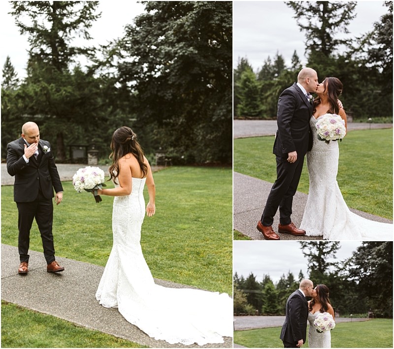 Premier Snohomish & Seattle Wedding Photographer | GSquared Weddings Photography A groom becomes emotional seeing his bride in a white lace gown holding a bouquet, as they share a sweet moment outdoors on a green lawn with tall trees—an unforgettable Snohomish Seattle wedding memory. 47.9129° N, 122.0982° W | Serving Snohomish, Seattle , Orlando & Beyond