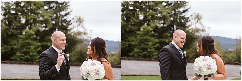 Premier Snohomish & Seattle Wedding Photographer | GSquared Weddings Photography Two images side by side show a bride and groom outdoors at their Snohomish Seattle wedding. The groom in a suit smiles, holding a small object, while the bride in a white dress with bouquet laughs. Trees and hills are visible in the background. 47.9129° N, 122.0982° W | Serving Snohomish, Seattle , Orlando & Beyond
