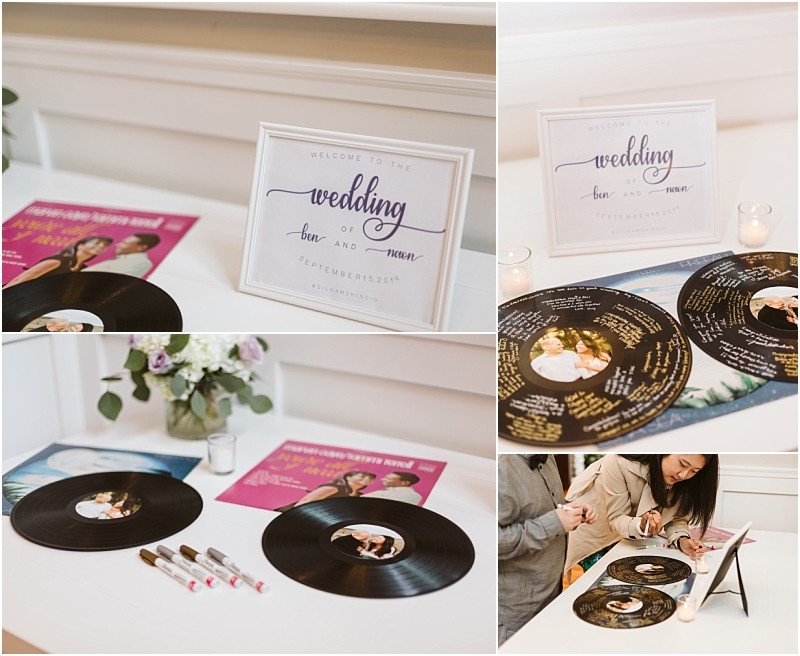 Premier Snohomish & Seattle Wedding Photographer | GSquared Weddings Photography A wedding guest book table at a Snohomish Seattle wedding features vinyl records, metallic markers, candles, flowers, and a framed sign inviting guests to sign the records with messages celebrating the couple’s engagement. 47.9129° N, 122.0982° W | Serving Snohomish, Seattle , Orlando & Beyond