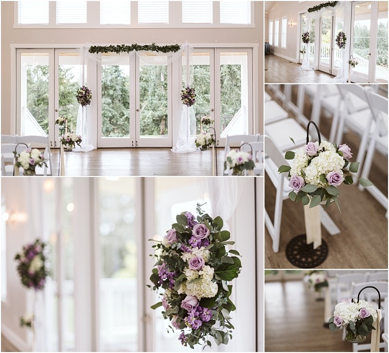 Premier Snohomish & Seattle Wedding Photographer | GSquared Weddings Photography Collage of a bright indoor Snohomish wedding venue with large windows, white chairs, and floral arrangements featuring white, lavender, and purple flowers with greenery, adorning the aisle and altar area. 47.9129° N, 122.0982° W | Serving Snohomish, Seattle , Orlando & Beyond