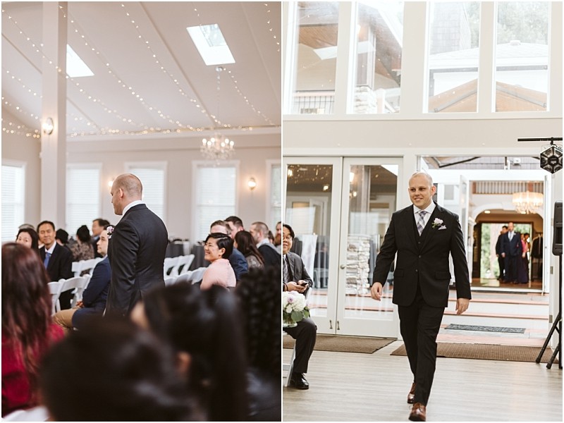 Premier Snohomish & Seattle Wedding Photographer | GSquared Weddings Photography Two photos side-by-side show a man in a suit at a Snohomish wedding event. On the left, he walks down an aisle past seated guests; on the right, he enters a bright venue with large windows, smiling and holding his hands at his sides. 47.9129° N, 122.0982° W | Serving Snohomish, Seattle , Orlando & Beyond