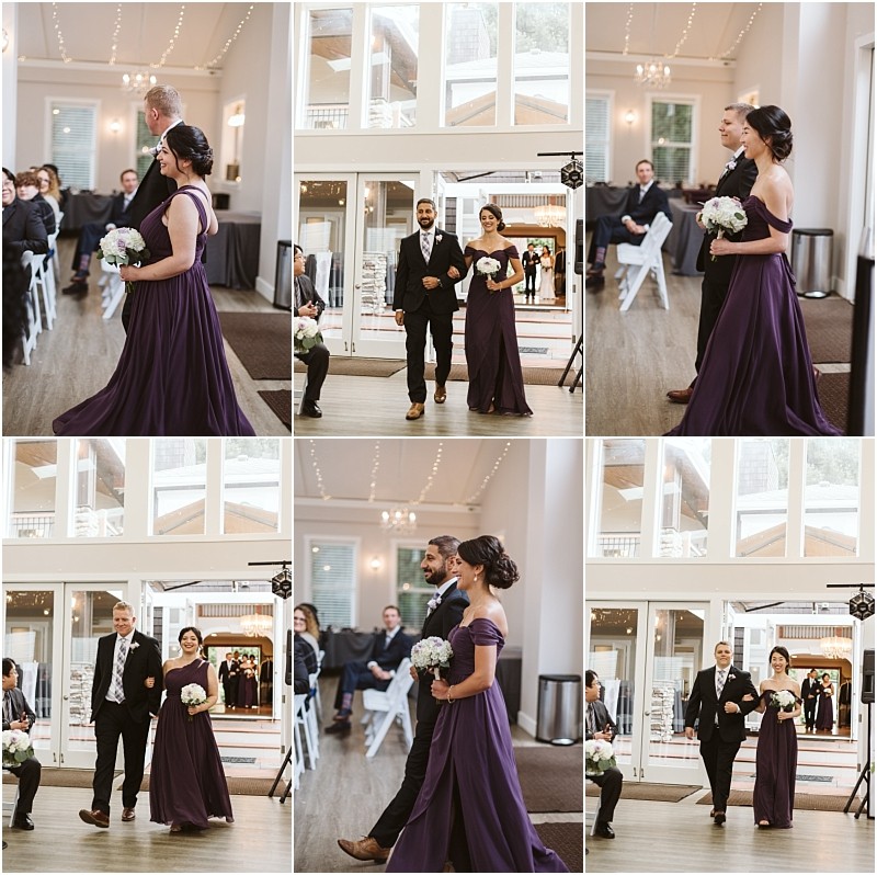 Premier Snohomish & Seattle Wedding Photographer | GSquared Weddings Photography A wedding party walks down the aisle in a bright room with large windows at a stunning Snohomish Seattle Wedding; bridesmaids wear purple dresses, groomsmen wear dark suits, each pair smiling and carrying bouquets. 47.9129° N, 122.0982° W | Serving Snohomish, Seattle , Orlando & Beyond