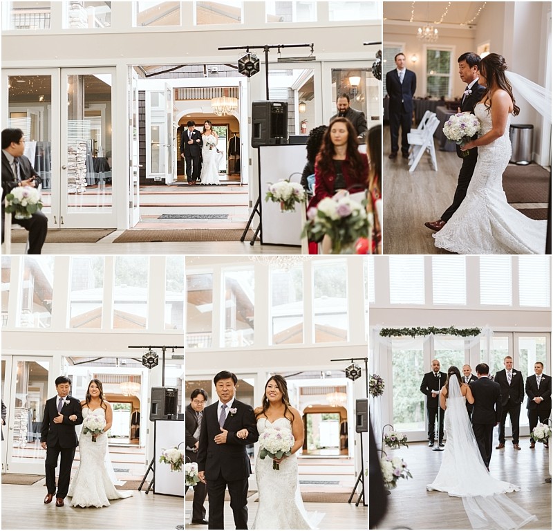 Premier Snohomish & Seattle Wedding Photographer | GSquared Weddings Photography A bride in a white gown walks down the aisle with her father at a bright Snohomish wedding venue. Guests watch as they approach the altar, where the groom and officiants await this special Seattle engagement moment. 47.9129° N, 122.0982° W | Serving Snohomish, Seattle , Orlando & Beyond