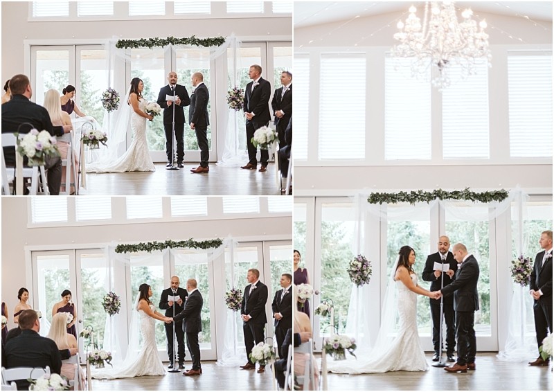 Premier Snohomish & Seattle Wedding Photographer | GSquared Weddings Photography Three photos capture a Snohomish wedding as the bride and groom exchange vows with their officiant, surrounded by bridesmaids and groomsmen. Large windows and a chandelier create an elegant indoor Seattle wedding ambiance. 47.9129° N, 122.0982° W | Serving Snohomish, Seattle , Orlando & Beyond