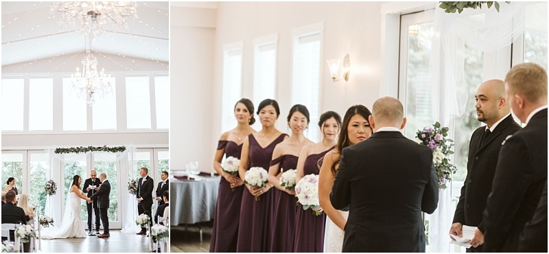 Premier Snohomish & Seattle Wedding Photographer | GSquared Weddings Photography A Snohomish wedding ceremony indoors: the couple stands at the altar with an officiant and groomsmen, while five bridesmaids in matching purple dresses hold bouquets beside large windows. 47.9129° N, 122.0982° W | Serving Snohomish, Seattle , Orlando & Beyond