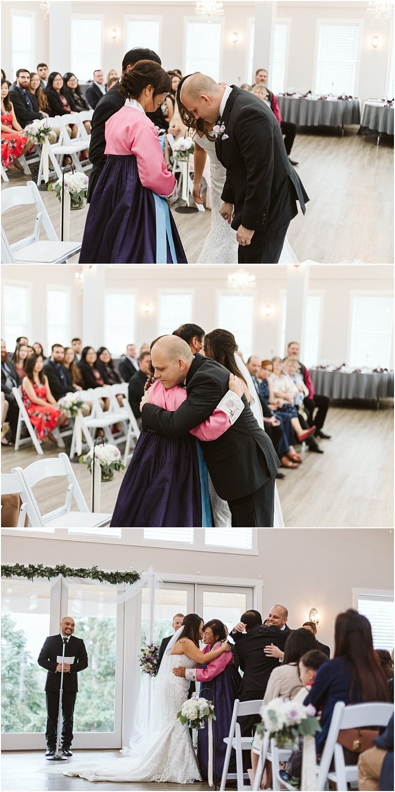 Premier Snohomish & Seattle Wedding Photographer | GSquared Weddings Photography At a Snohomish wedding venue near Seattle, a bride and groom in traditional attire tearfully hug their parents as emotional guests look on, capturing the heartfelt spirit of this unforgettable wedding engagement. 47.9129° N, 122.0982° W | Serving Snohomish, Seattle , Orlando & Beyond