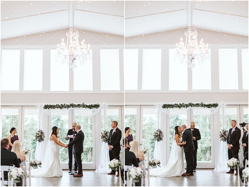Premier Snohomish & Seattle Wedding Photographer | GSquared Weddings Photography Two photos side by side show a bride and groom standing under a white floral arch indoors, holding hands during their Snohomish wedding ceremony, with guests seated and officiant speaking. 47.9129° N, 122.0982° W | Serving Snohomish, Seattle , Orlando & Beyond
