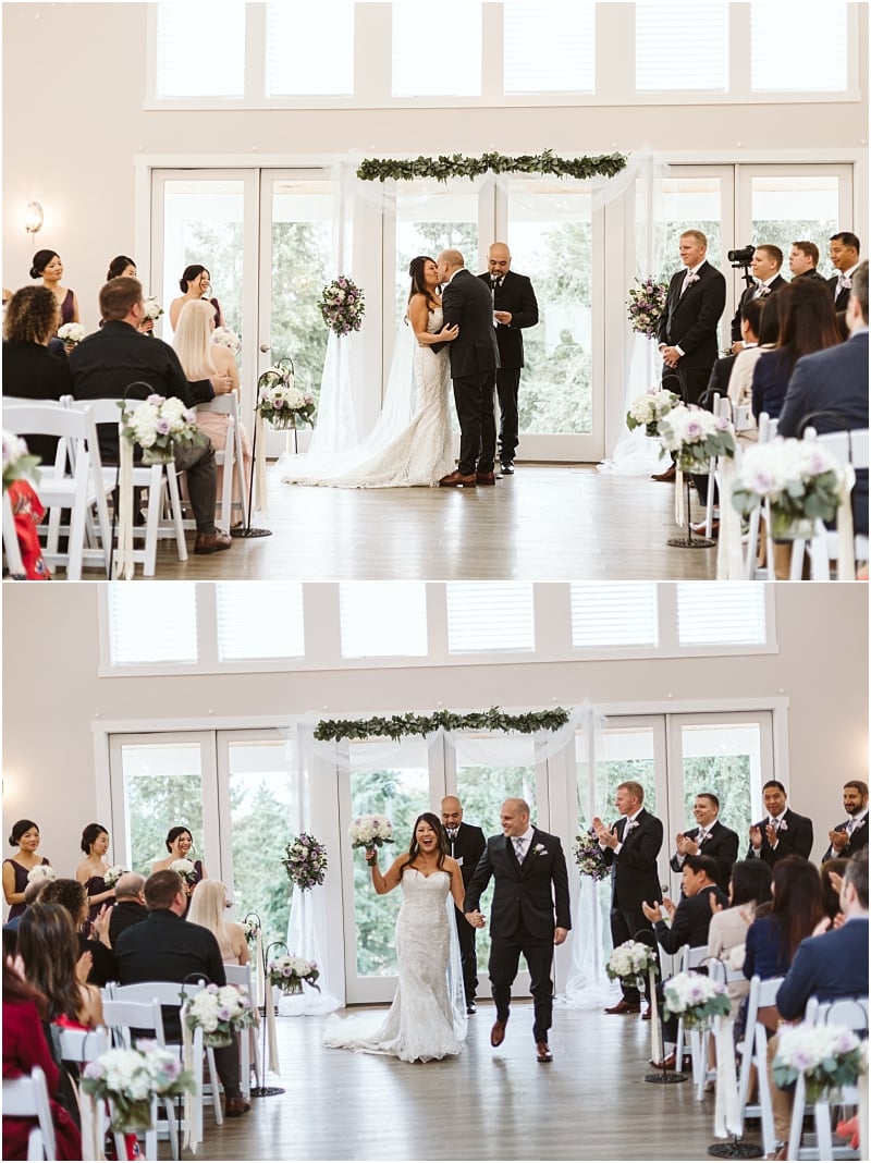 Premier Snohomish & Seattle Wedding Photographer | GSquared Weddings Photography A bride and groom stand together at the altar during their indoor Snohomish wedding ceremony, surrounded by guests. In the next moment, they walk down the aisle smiling, hand in hand, as newlyweds. 47.9129° N, 122.0982° W | Serving Snohomish, Seattle , Orlando & Beyond
