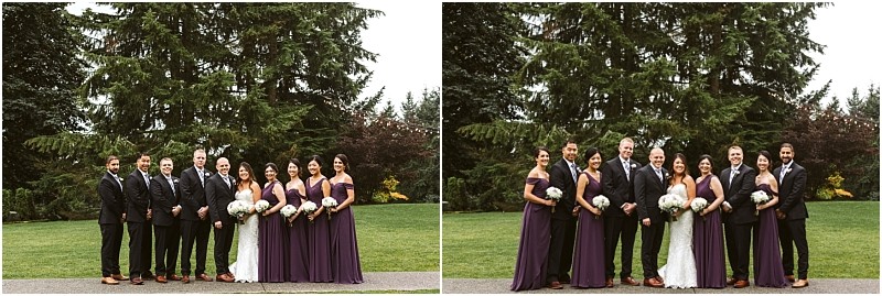 Premier Snohomish & Seattle Wedding Photographer | GSquared Weddings Photography Two group photos of a Snohomish wedding party in formal attire standing outdoors on grass, with tall evergreen trees in the background. Bridesmaids wear purple dresses, groomsmen black suits, and the bride holds a bouquet of white flowers. 47.9129° N, 122.0982° W | Serving Snohomish, Seattle , Orlando & Beyond