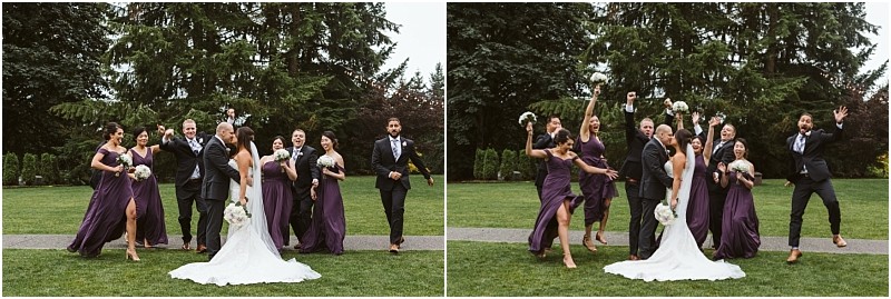 Premier Snohomish & Seattle Wedding Photographer | GSquared Weddings Photography A bride and groom walk outdoors with their wedding party, dressed in purple dresses and dark suits, laughing and celebrating together on a green lawn with tall trees—a perfect Snohomish Seattle wedding moment. 47.9129° N, 122.0982° W | Serving Snohomish, Seattle , Orlando & Beyond