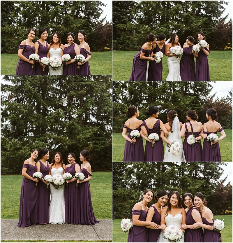 Premier Snohomish & Seattle Wedding Photographer | GSquared Weddings Photography A bride in a white dress and veil poses with four bridesmaids in matching purple dresses, holding white bouquets, smiling and laughing together outdoors at a beautiful Snohomish Seattle wedding with trees and grass in the background. 47.9129° N, 122.0982° W | Serving Snohomish, Seattle , Orlando & Beyond
