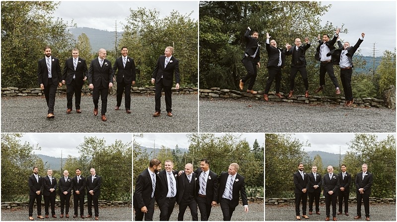 Premier Snohomish & Seattle Wedding Photographer | GSquared Weddings Photography A collage of five photos shows four men in suits and ties outdoors at a Snohomish Seattle wedding. They walk and laugh together, pose formally, and jump in the air with trees and mountains in the background. 47.9129° N, 122.0982° W | Serving Snohomish, Seattle , Orlando & Beyond