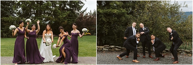 Premier Snohomish & Seattle Wedding Photographer | GSquared Weddings Photography Two side-by-side photos: on the left, five women in purple dresses and a bride in white pose playfully outdoors at a Snohomish Seattle wedding; on the right, five men in suits strike fun, exaggerated poses by a stone wall and trees. 47.9129° N, 122.0982° W | Serving Snohomish, Seattle , Orlando & Beyond