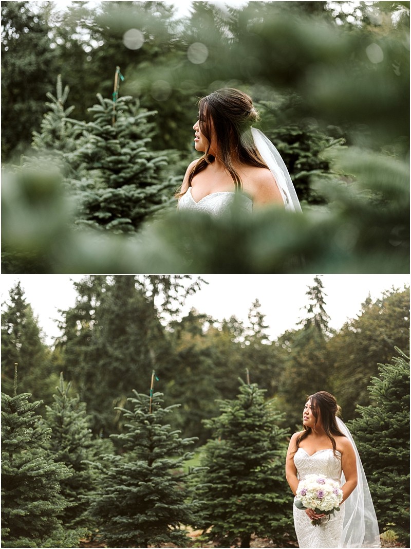 Premier Snohomish & Seattle Wedding Photographer | GSquared Weddings Photography A bride in a strapless white gown and veil stands among pine trees, holding a bouquet and smiling, surrounded by lush greenery in this enchanting Snohomish outdoor wedding setting near Seattle. 47.9129° N, 122.0982° W | Serving Snohomish, Seattle , Orlando & Beyond