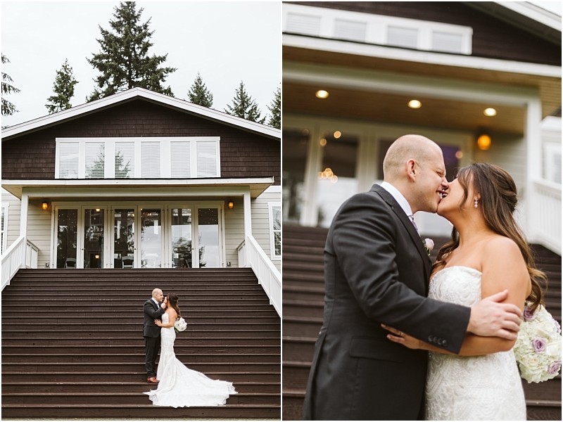 Premier Snohomish & Seattle Wedding Photographer | GSquared Weddings Photography A bride and groom stand close together on outdoor steps in front of a large house; in a second, closer photo from their Snohomish wedding, they smile and kiss while dressed in elegant Seattle wedding attire. 47.9129° N, 122.0982° W | Serving Snohomish, Seattle , Orlando & Beyond