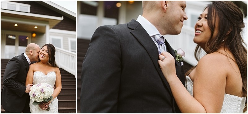 Premier Snohomish & Seattle Wedding Photographer | GSquared Weddings Photography A bride in a strapless white gown and a groom in a dark suit smile and embrace outdoors on steps. The bride holds a bouquet of flowers, and they look lovingly at each other during their Snohomish Seattle wedding engagement. 47.9129° N, 122.0982° W | Serving Snohomish, Seattle , Orlando & Beyond