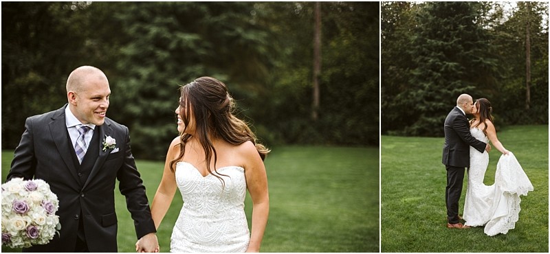 Premier Snohomish & Seattle Wedding Photographer | GSquared Weddings Photography A Snohomish bride and groom hold hands, smiling at each other with lush greenery behind them. In a second image, they embrace on the grass, the bride lifting her dress as they share a joyful moment outdoors during their Seattle wedding. 47.9129° N, 122.0982° W | Serving Snohomish, Seattle , Orlando & Beyond