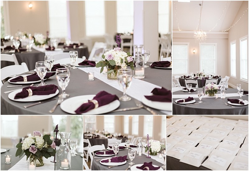 Premier Snohomish & Seattle Wedding Photographer | GSquared Weddings Photography Collage showing an elegant Snohomish wedding reception setup with round tables covered in gray cloths, purple napkins, floral centerpieces, and glassware. One image highlights neatly arranged place cards. White chairs surround the tables. 47.9129° N, 122.0982° W | Serving Snohomish, Seattle , Orlando & Beyond