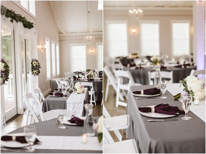 Premier Snohomish & Seattle Wedding Photographer | GSquared Weddings Photography Elegant Snohomish wedding reception hall with white chairs, gray tablecloths, purple napkins, and floral centerpieces. Large windows and string lights create a bright, airy atmosphere—perfect for a Seattle wedding or engagement celebration. 47.9129° N, 122.0982° W | Serving Snohomish, Seattle , Orlando & Beyond