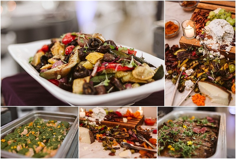 Premier Snohomish & Seattle Wedding Photographer | GSquared Weddings Photography Collage of gourmet buffet dishes, perfect for a Snohomish or Seattle wedding engagement, featuring a mixed roasted vegetable platter, cheese and fruit board, leafy salad, cooked greens, and grilled meat garnished with herbs and edible flowers. 47.9129° N, 122.0982° W | Serving Snohomish, Seattle , Orlando & Beyond