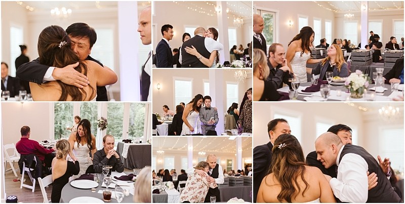 Premier Snohomish & Seattle Wedding Photographer | GSquared Weddings Photography A collage of candid wedding reception moments in a bright, elegant Snohomish venue, showing guests hugging, talking, and sharing smiles around decorated tables—capturing the spirit of a Seattle wedding engagement celebration. 47.9129° N, 122.0982° W | Serving Snohomish, Seattle , Orlando & Beyond