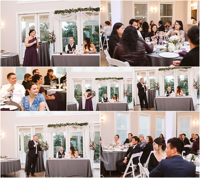 Premier Snohomish & Seattle Wedding Photographer | GSquared Weddings Photography A collage of Snohomish wedding reception scenes shows guests seated at round tables, listening to speeches near a long table where the bride and groom are seated. The bright room features large windows and floral decorations. 47.9129° N, 122.0982° W | Serving Snohomish, Seattle , Orlando & Beyond