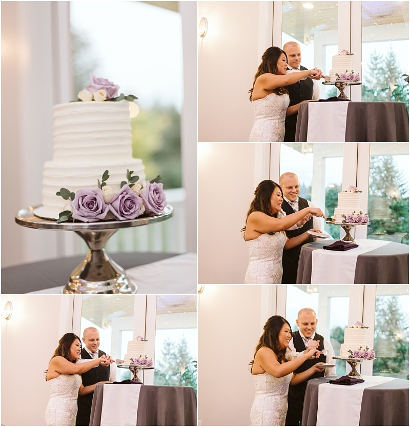 Premier Snohomish & Seattle Wedding Photographer | GSquared Weddings Photography A collage captures a Snohomish bride and groom cutting a white wedding cake with lavender roses, laughing and feeding each other. The cake sits on a silver stand, beautifully decorated with purple flowers—a perfect Seattle wedding moment. 47.9129° N, 122.0982° W | Serving Snohomish, Seattle , Orlando & Beyond