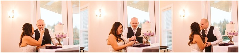 Premier Snohomish & Seattle Wedding Photographer | GSquared Weddings Photography A bride and groom stand together by a white wedding cake with purple flowers, feeding each other cake and sharing a kiss in a bright room with large windows at their dreamy Snohomish Seattle wedding. 47.9129° N, 122.0982° W | Serving Snohomish, Seattle , Orlando & Beyond