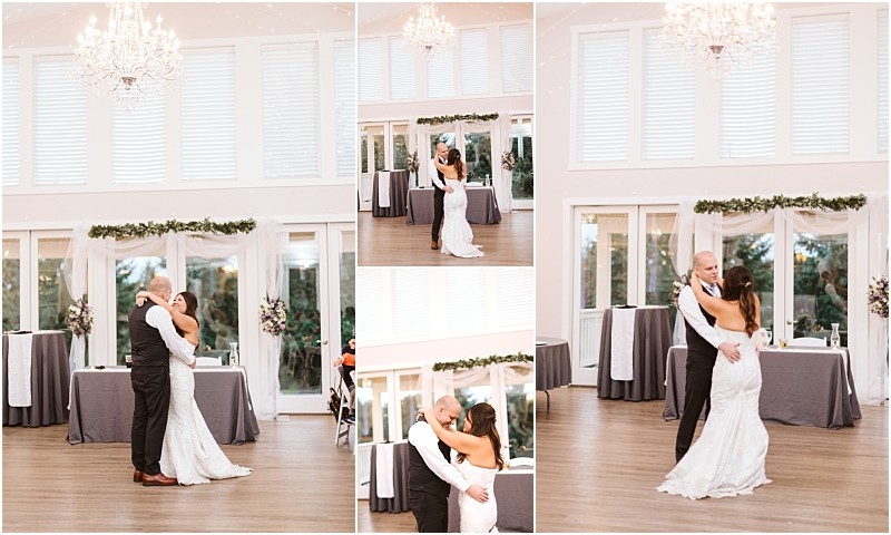 Premier Snohomish & Seattle Wedding Photographer | GSquared Weddings Photography A collage of five photos shows a Snohomish bride and groom sharing their first dance in a bright, elegant room with large windows, chandeliers, and white walls, gazing at and embracing each other lovingly. 47.9129° N, 122.0982° W | Serving Snohomish, Seattle , Orlando & Beyond