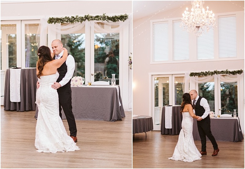 Premier Snohomish & Seattle Wedding Photographer | GSquared Weddings Photography A bride and groom share their first dance in a bright, elegant room with large windows, a chandelier, and simple wedding decorations at their Snohomish wedding. The bride wears white, and the groom is dressed in a vest and tie. 47.9129° N, 122.0982° W | Serving Snohomish, Seattle , Orlando & Beyond