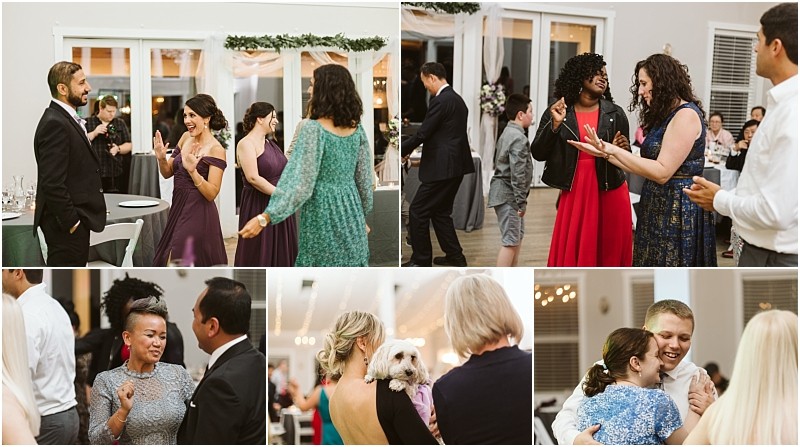 Premier Snohomish & Seattle Wedding Photographer | GSquared Weddings Photography A collage of Snohomish wedding reception photos shows guests dancing, chatting, embracing, and a woman holding a small white dog. The atmosphere is lively with people in formal attire celebrating this joyful Seattle engagement. 47.9129° N, 122.0982° W | Serving Snohomish, Seattle , Orlando & Beyond