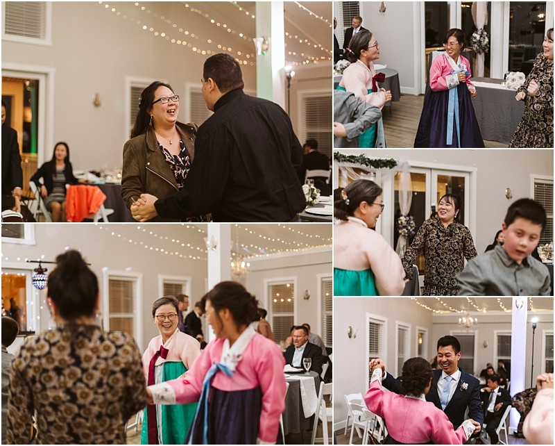 Premier Snohomish & Seattle Wedding Photographer | GSquared Weddings Photography A collage of Snohomish Seattle wedding reception moments: guests smiling, laughing, dancing, and socializing in a warmly lit venue decorated with string lights. Some women wear colorful traditional Korean hanboks. 47.9129° N, 122.0982° W | Serving Snohomish, Seattle , Orlando & Beyond