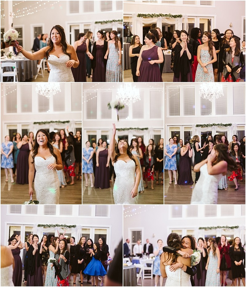 Premier Snohomish & Seattle Wedding Photographer | GSquared Weddings Photography At a joyful Snohomish wedding, a bride in a white dress tosses her bouquet to smiling women at the reception; one guest catches it and hugs the bride as others cheer and laugh in the bright, decorated hall. 47.9129° N, 122.0982° W | Serving Snohomish, Seattle , Orlando & Beyond