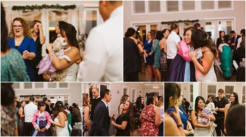 Premier Snohomish & Seattle Wedding Photographer | GSquared Weddings Photography A collage of Snohomish wedding reception photos shows guests dancing, a woman hugging the bride, a dog in a dress being held, and a lively crowd enjoying the celebration indoors. 47.9129° N, 122.0982° W | Serving Snohomish, Seattle , Orlando & Beyond