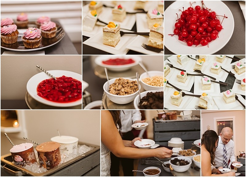 Premier Snohomish & Seattle Wedding Photographer | GSquared Weddings Photography A collage of dessert options at a Snohomish Seattle wedding buffet, including cupcakes, cake slices, cherries, fruit toppings, ice cream tubs, and guests serving themselves at the dessert station. 47.9129° N, 122.0982° W | Serving Snohomish, Seattle , Orlando & Beyond