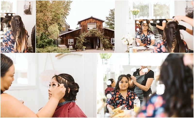 Premier Snohomish & Seattle Wedding Photographer | GSquared Weddings Photography A collage shows a woman getting her hair and makeup done in a bright room, a rustic wooden house outdoors, and beauty preparations for a special Snohomish or Seattle wedding event. 47.9129° N, 122.0982° W | Serving Snohomish, Seattle , Orlando & Beyond