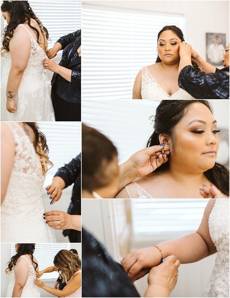 Premier Snohomish & Seattle Wedding Photographer | GSquared Weddings Photography A bride in a lace gown gets ready for her Snohomish wedding, as someone helps zip her dress and adjust her earrings. Calm and focused, she prepares for the special Seattle engagement in a softly lit room. 47.9129° N, 122.0982° W | Serving Snohomish, Seattle , Orlando & Beyond