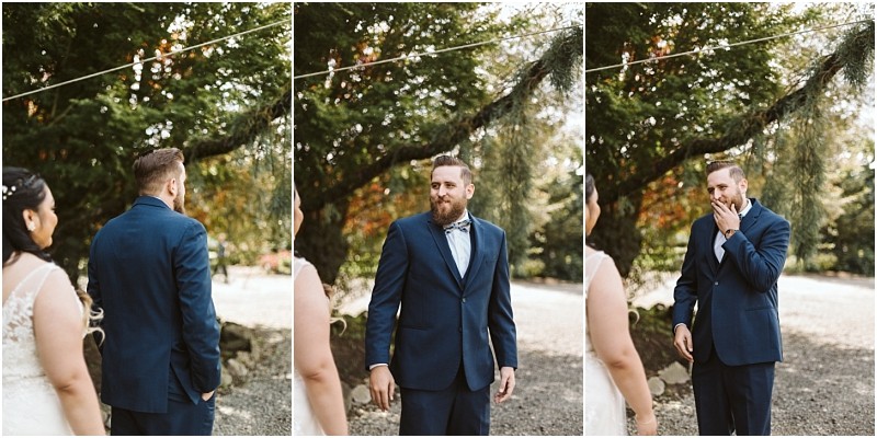 Premier Snohomish & Seattle Wedding Photographer | GSquared Weddings Photography A sequence of three photos shows a groom in a blue suit seeing his bride for the first time outdoors at a Snohomish Seattle wedding. He looks surprised and emotional, covering his mouth as the bride stands facing him. 47.9129° N, 122.0982° W | Serving Snohomish, Seattle , Orlando & Beyond