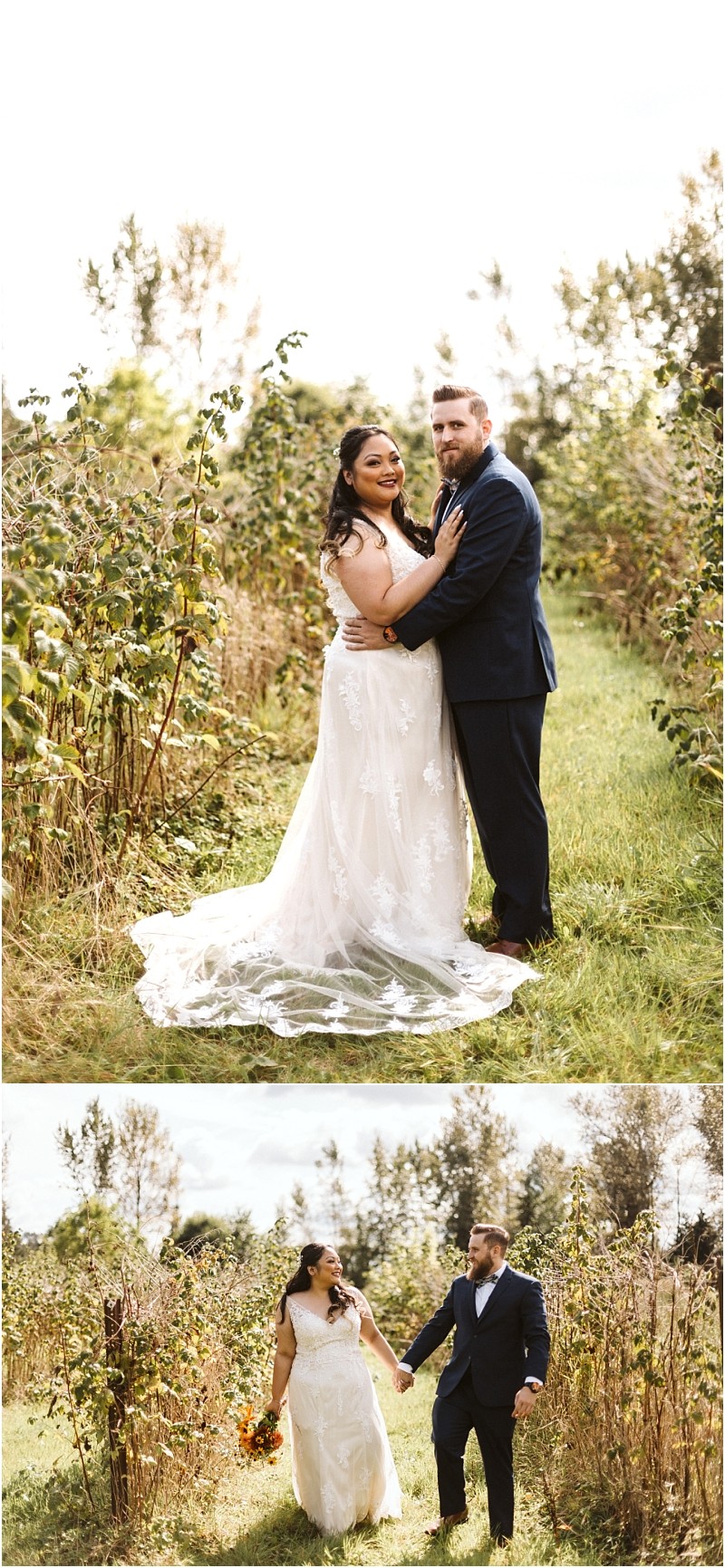 Premier Snohomish & Seattle Wedding Photographer | GSquared Weddings Photography A bride and groom in wedding attire embrace in a sunlit, grassy field near Snohomish. In the second photo from their Seattle wedding engagement session, they walk hand in hand, smiling while the bride holds a bouquet among tall plants. 47.9129° N, 122.0982° W | Serving Snohomish, Seattle , Orlando & Beyond