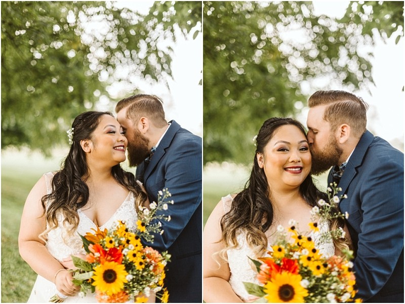 Premier Snohomish & Seattle Wedding Photographer | GSquared Weddings Photography Two wedding photos side by side show a smiling bride holding a bouquet of sunflowers and wildflowers as the groom, dressed in a blue suit, lovingly kisses her cheek under a leafy tree at their romantic Snohomish Seattle wedding. 47.9129° N, 122.0982° W | Serving Snohomish, Seattle , Orlando & Beyond