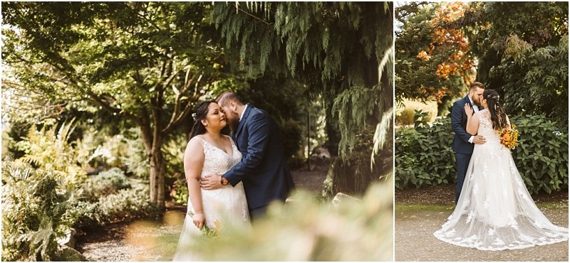 Premier Snohomish & Seattle Wedding Photographer | GSquared Weddings Photography A bride and groom share an intimate moment in a lush Snohomish garden, sunlight filtering through the trees. The bride’s white gown and bouquet shine as the groom stands close, capturing the romance of a Seattle wedding engagement. 47.9129° N, 122.0982° W | Serving Snohomish, Seattle , Orlando & Beyond