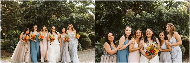 Premier Snohomish & Seattle Wedding Photographer | GSquared Weddings Photography Two photos capture a Snohomish bride in a white dress with orange flowers, standing outdoors with five bridesmaids. They all smile and pose together in front of lush green trees and bushes at this Seattle wedding. 47.9129° N, 122.0982° W | Serving Snohomish, Seattle , Orlando & Beyond