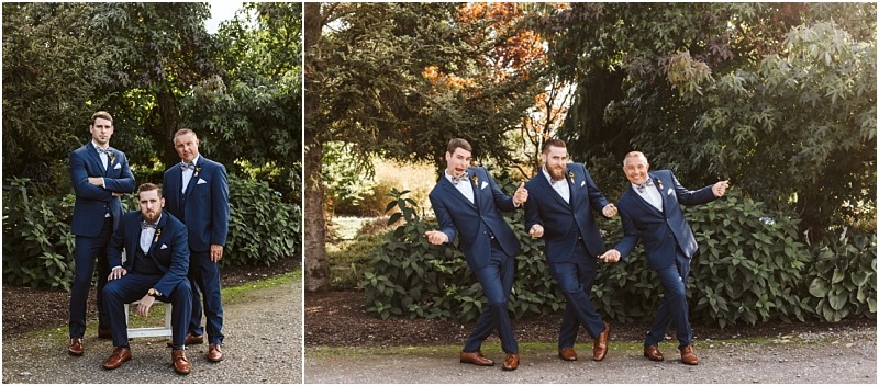 Premier Snohomish & Seattle Wedding Photographer | GSquared Weddings Photography Two photos of three men in blue suits and brown shoes outdoors. At this Snohomish Seattle wedding, they first pose seriously; then, they strike playful poses, smiling and pretending to dance in front of green foliage. 47.9129° N, 122.0982° W | Serving Snohomish, Seattle , Orlando & Beyond