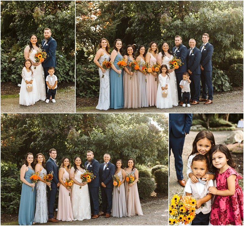 Premier Snohomish & Seattle Wedding Photographer | GSquared Weddings Photography A wedding party poses outdoors in Snohomish; bridesmaids in pastel dresses, groomsmen in blue suits, and joyful children surround the couple. Sunflowers adorn the bouquets at this beautiful Seattle area wedding engagement. 47.9129° N, 122.0982° W | Serving Snohomish, Seattle , Orlando & Beyond