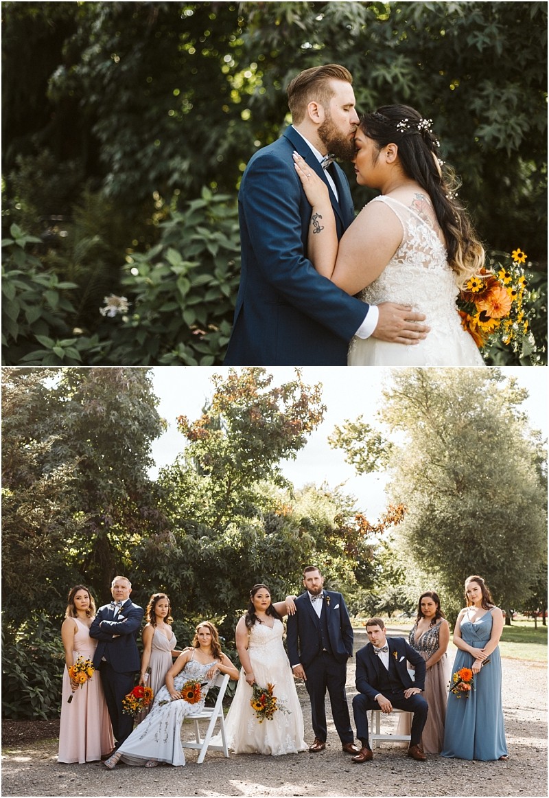 Premier Snohomish & Seattle Wedding Photographer | GSquared Weddings Photography Top: Bride and groom embrace outdoors with lush greenery, capturing a romantic Snohomish Seattle wedding moment. Bottom: The wedding party poses outside; bridesmaids in pastel dresses, groomsmen in suits, bouquets and trees behind them. 47.9129° N, 122.0982° W | Serving Snohomish, Seattle , Orlando & Beyond