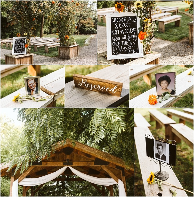 Premier Snohomish & Seattle Wedding Photographer | GSquared Weddings Photography Rustic outdoor Snohomish wedding setup with wooden benches, sunflowers, and a chalkboard sign. Photos and a “Reserved” sign adorn the benches, while flowers and a wooden arbor with white fabric complete the Seattle engagement vibe. 47.9129° N, 122.0982° W | Serving Snohomish, Seattle , Orlando & Beyond