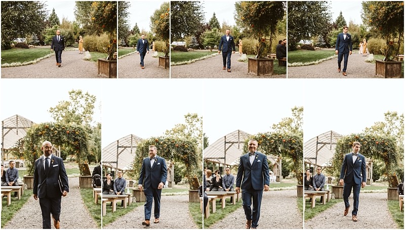 Premier Snohomish & Seattle Wedding Photographer | GSquared Weddings Photography A collage of eight photos shows groomsmen in suits walking down an outdoor aisle at a Snohomish garden wedding venue, surrounded by lush greenery, benches, and guests—a picture-perfect Seattle wedding moment. 47.9129° N, 122.0982° W | Serving Snohomish, Seattle , Orlando & Beyond