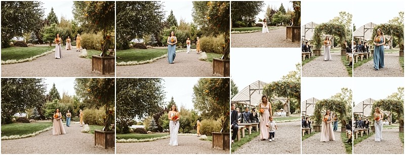 Premier Snohomish & Seattle Wedding Photographer | GSquared Weddings Photography A collage of Snohomish wedding photos shows bridesmaids walking down an outdoor aisle, each holding bouquets and wearing different dresses, with lush greenery, guests, and a wooden bench in the background. 47.9129° N, 122.0982° W | Serving Snohomish, Seattle , Orlando & Beyond